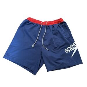 Speedo Swim Trunks Mens XL Navy Blue Red Colorblock Graphic Logo Board Shorts